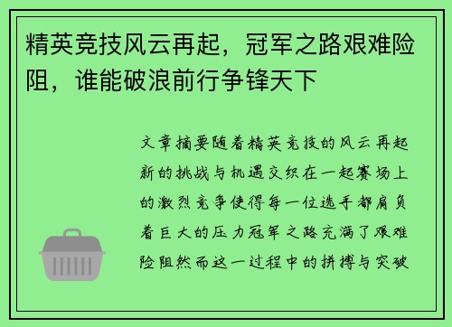 精英竞技风云再起，冠军之路艰难险阻，谁能破浪前行争锋天下